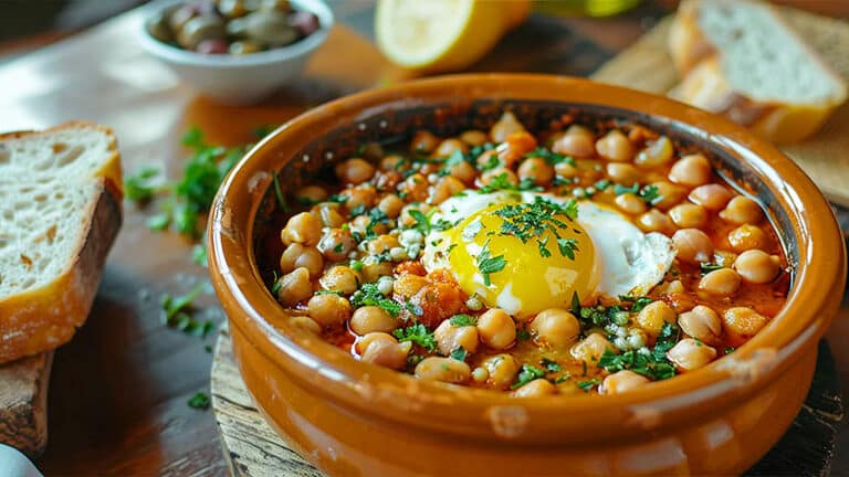 Bol de Lablabi tunisien aux pois chiches, croûtons de pain et bouillon parfumé au cumin.